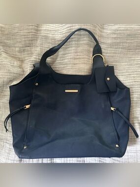 Poppy & Peonies Navy Shoulder Tote with Gold Hardware